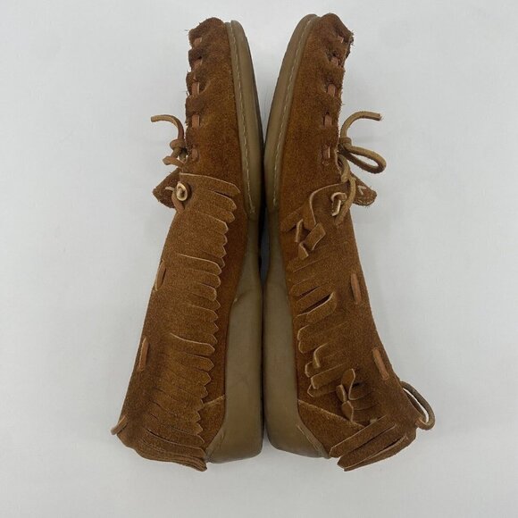 MINNETONKA WOMEN'S SIZE 7 TAN SUEDE FRINGE MOCCASINS HARDSOLES - Picture 8 of 10